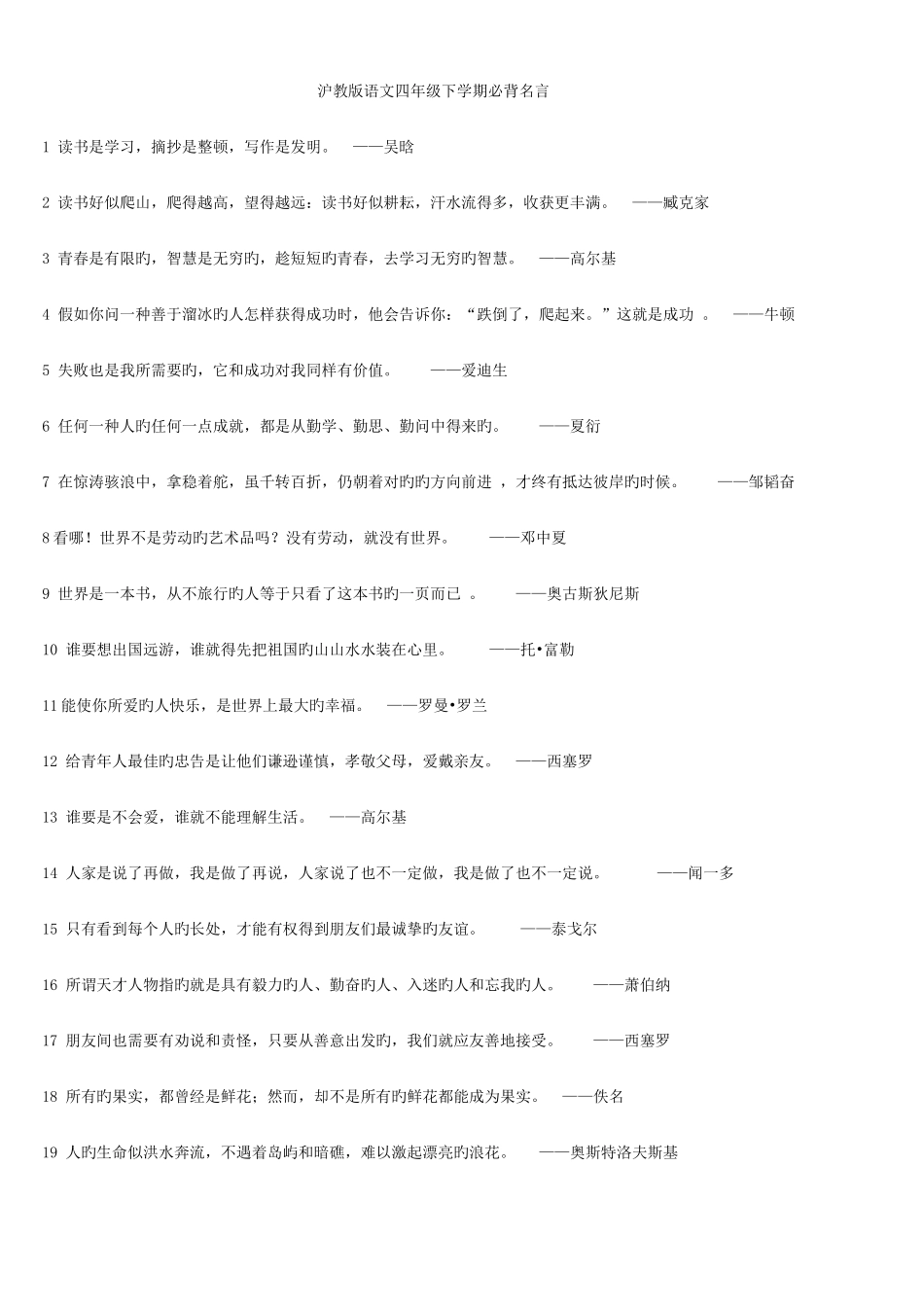2025年沪教版语文四年级下学期必背名言_第1页