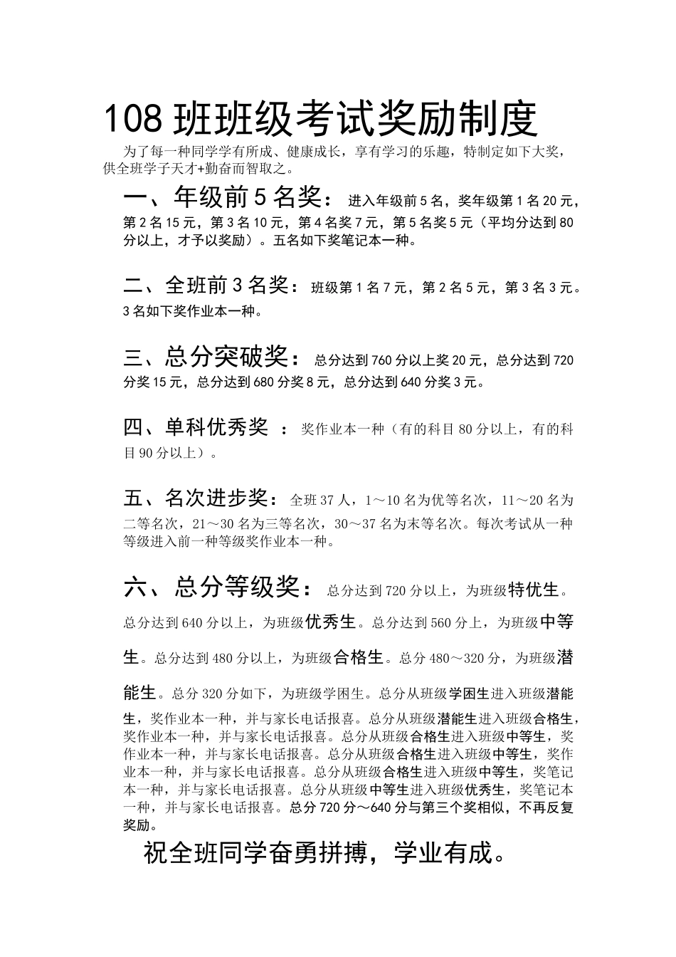 2025年108班班级考试奖励制度_第1页