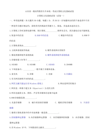 2025年山东省专升本统一考试计算机文化基础真题