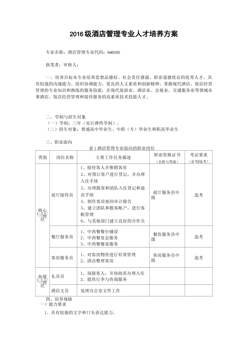 酒店管理  人才培养方案_第1页