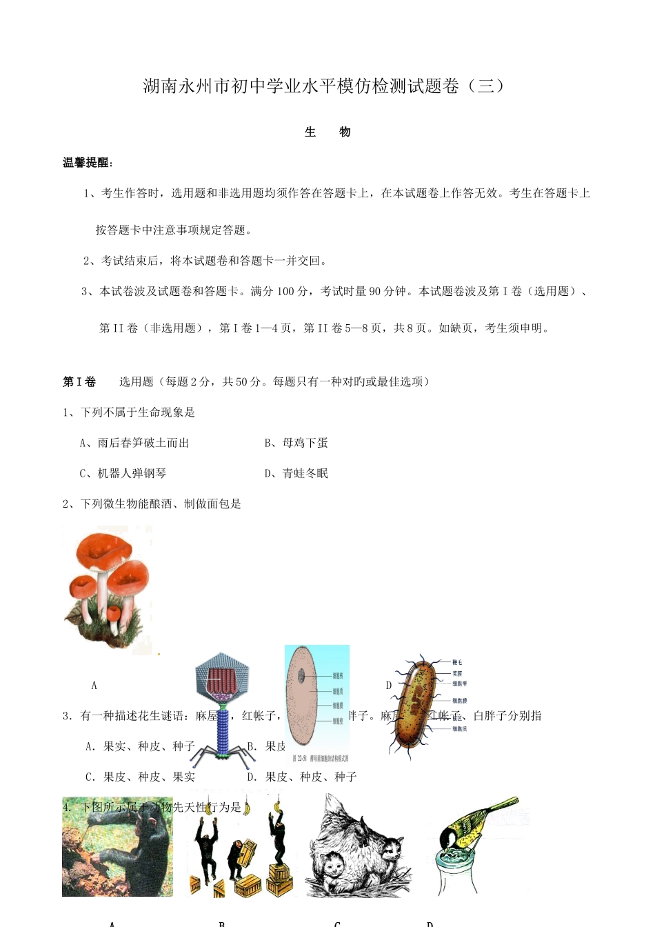 2025年湖南永州市初中学业水平模拟试题_第1页