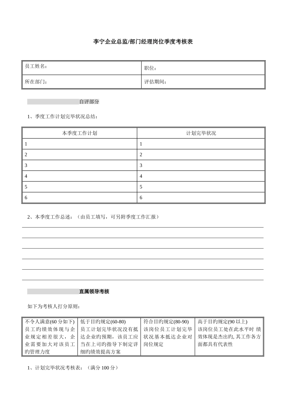2025年李宁体育用品公司绩效考核表全套_第1页