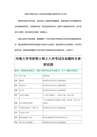 2025年河海大学硕士研究生入学考试自命题科目参考书目