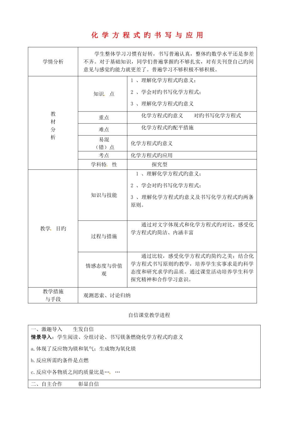 2025年贵州省遵义市务川自治县大坪中学九年级化学全册43化学方程式的书写与应用第1课时教案新版沪教_第1页