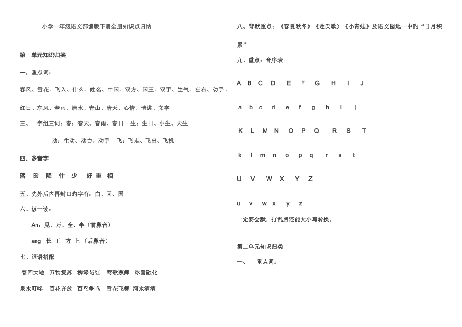 2025年小学一年级语文部编版下册知识点全归纳复习_第1页
