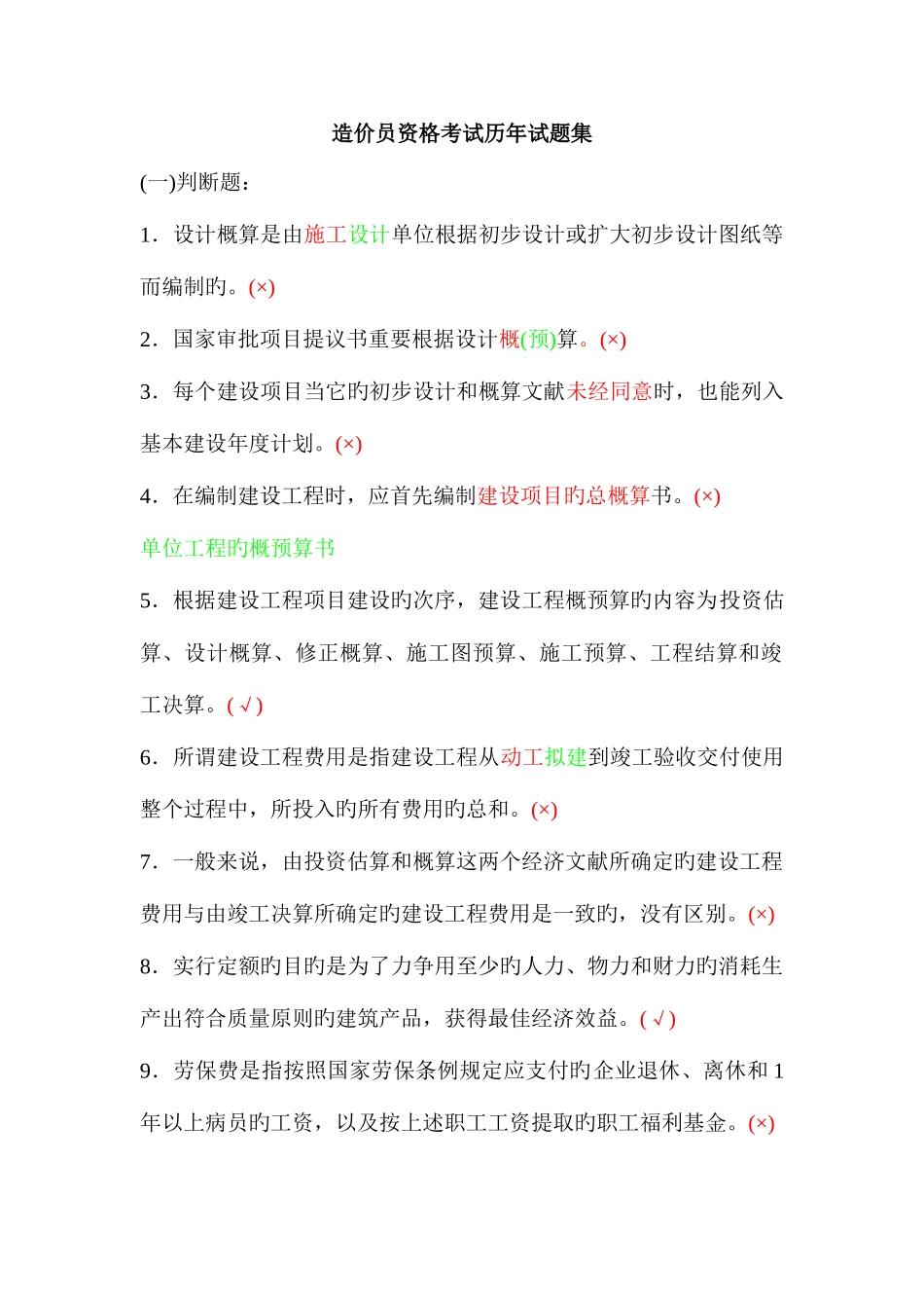 2025年造价员资格考试历年试题集_第1页