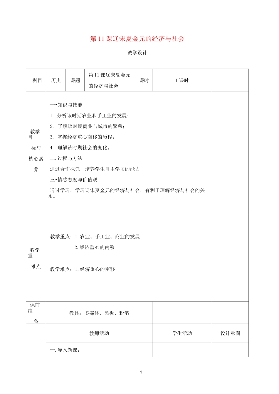 高中历史 第11课 辽宋夏金元的经济与社会教案 新人教版必修《中外历史纲要(上)》_第1页