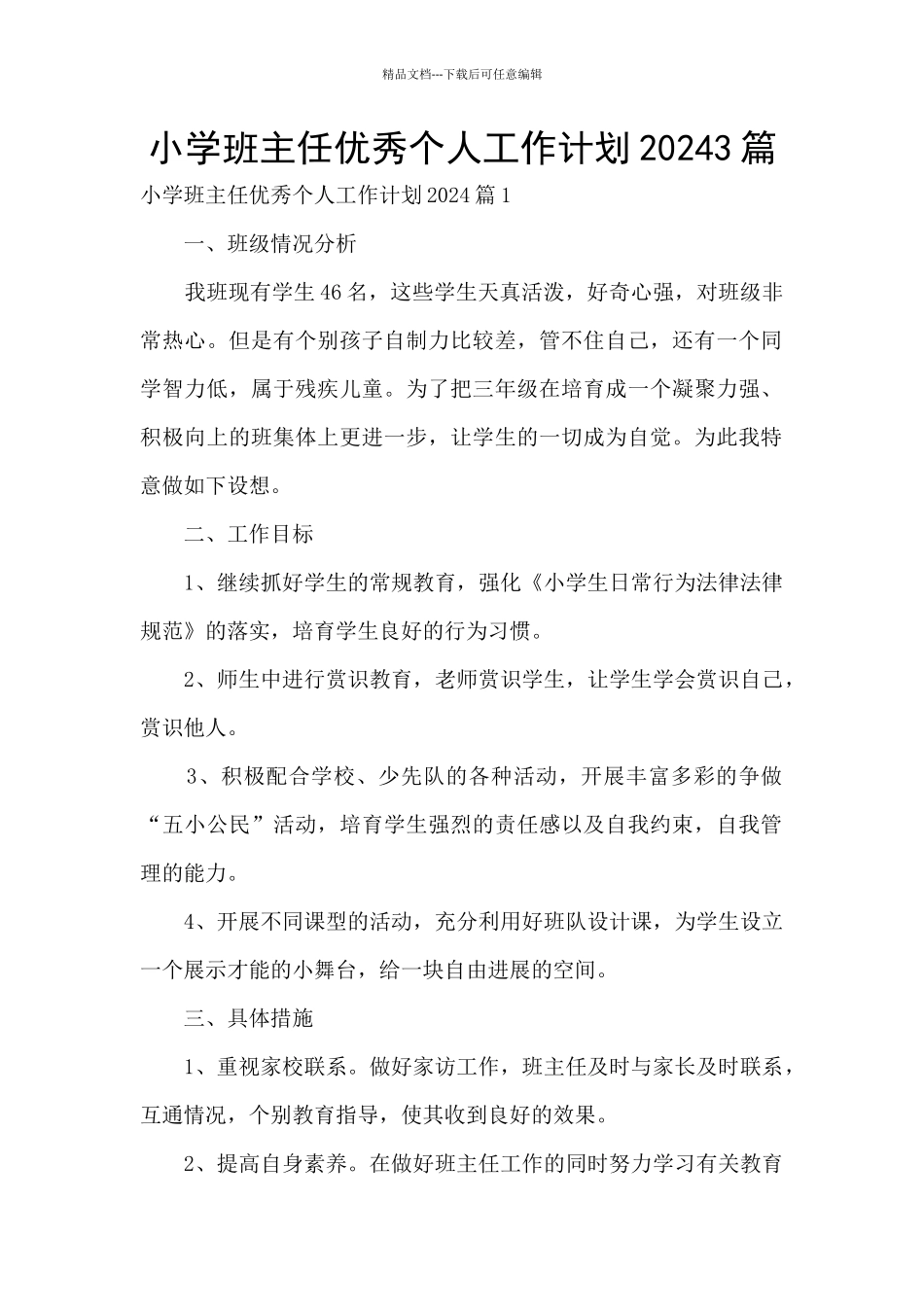 小学班主任优秀个人工作计划20243篇_第1页