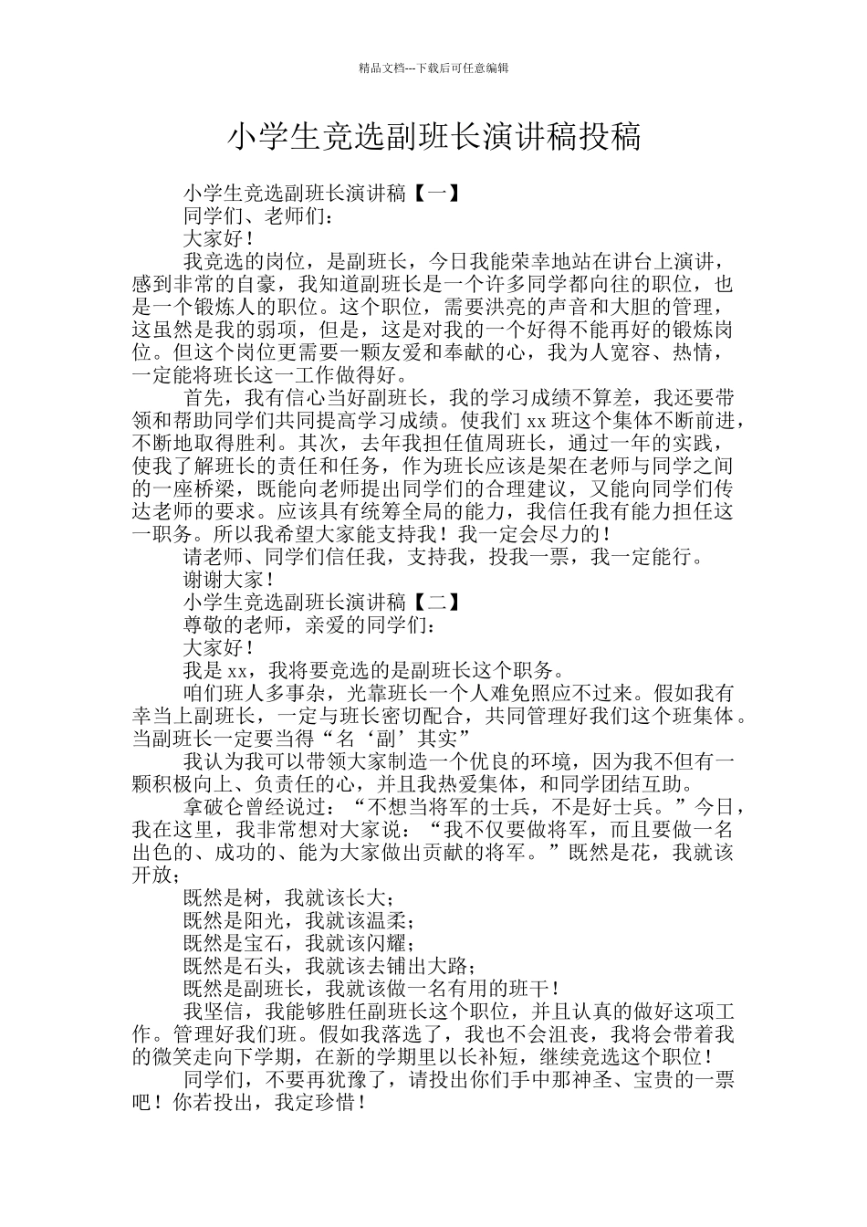 小学生竞选副班长演讲稿投稿_第1页