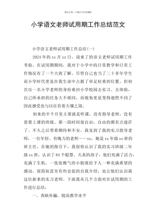 小学语文教师试用期工作总结范文