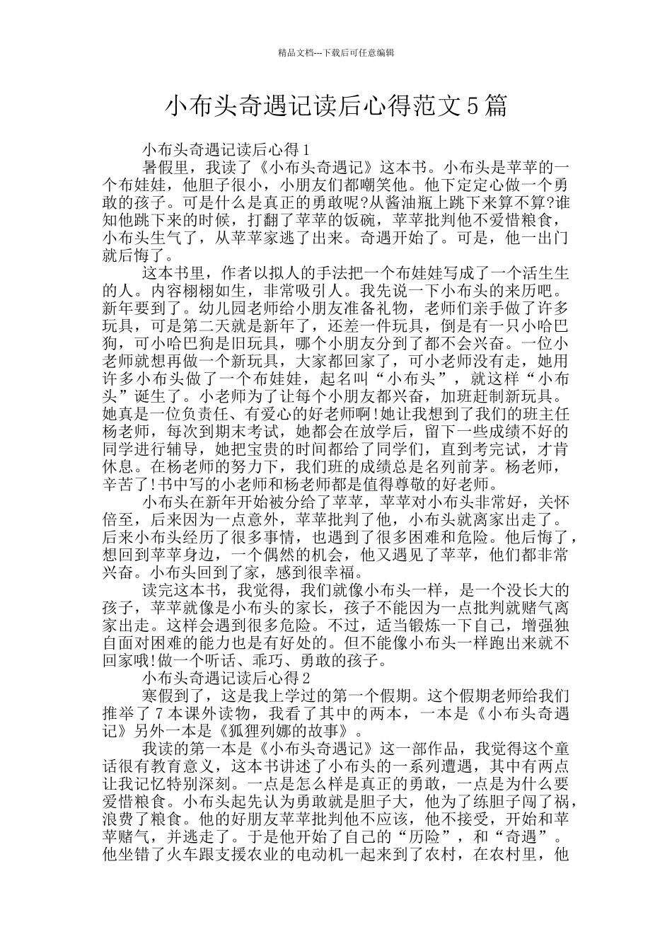 小布头奇遇记读后心得范文5篇_第1页