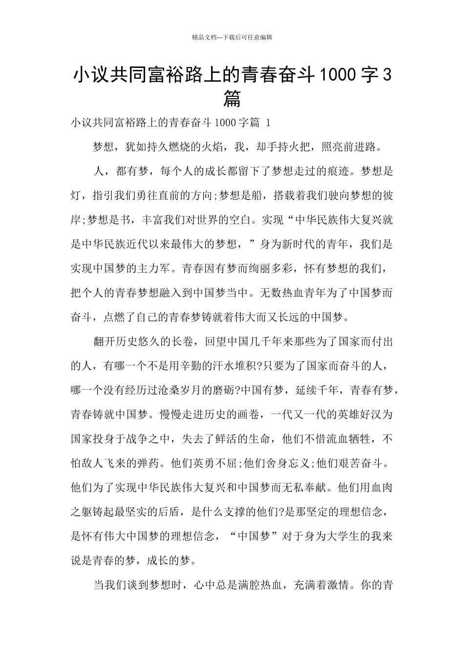 小议共同富裕路上的青春奋斗1000字3篇_第1页