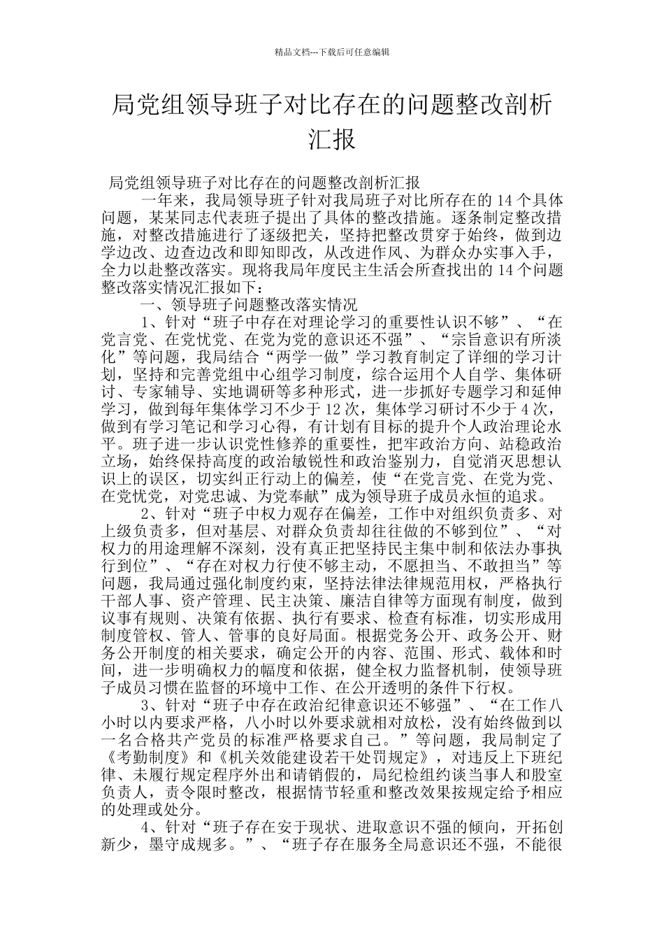 局党组领导班子对照存在的问题整改剖析汇报_第1页