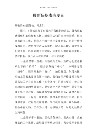履新任职表态发言