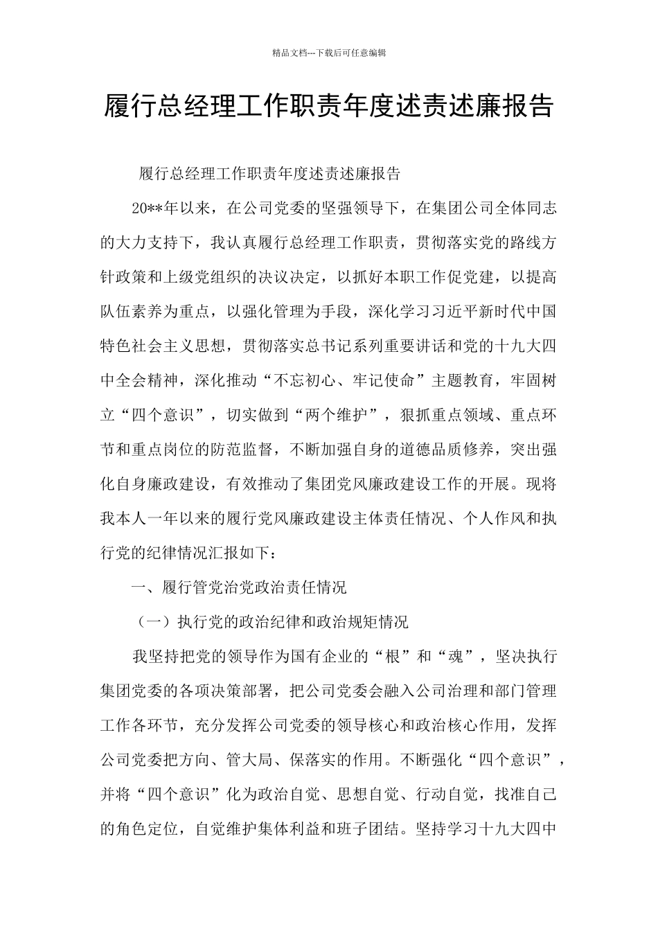 履行总经理工作职责年度述责述廉报告_第1页