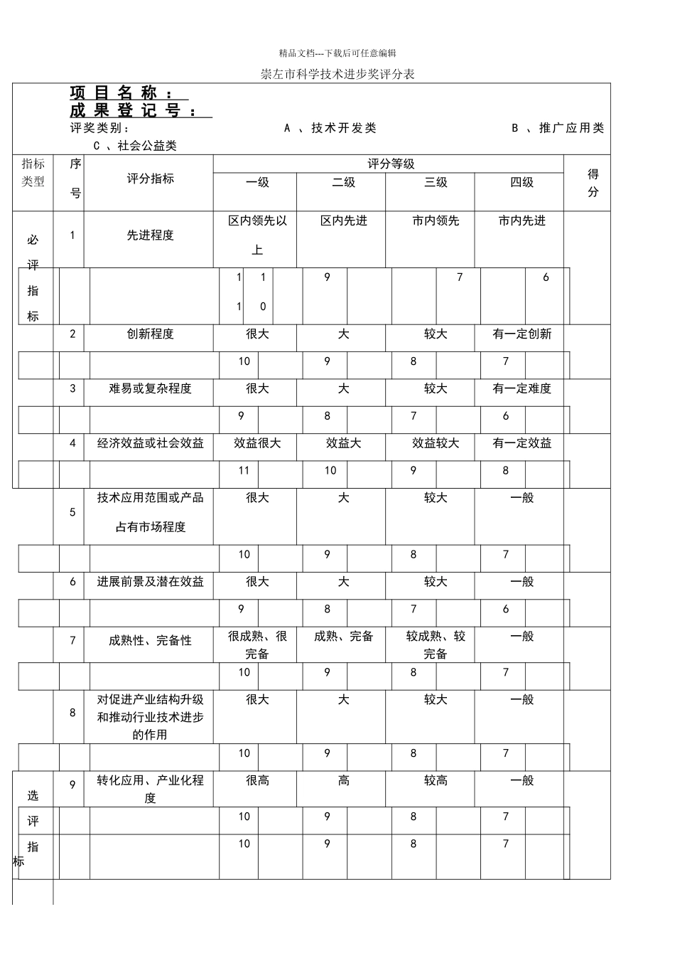 崇左市科技进步奖评分表_第1页