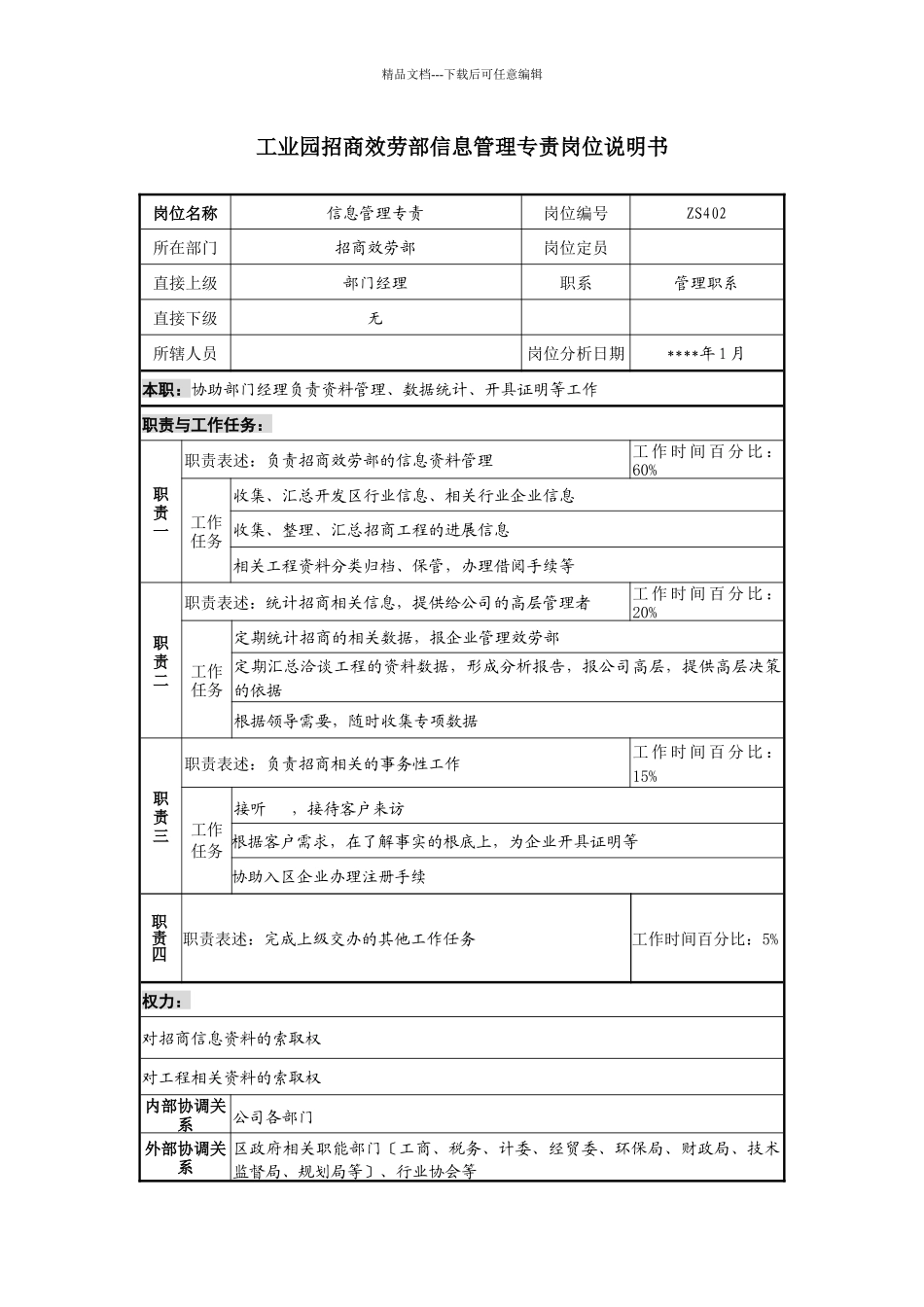 工业园招商服务部信息管理专责岗位说明书_第1页