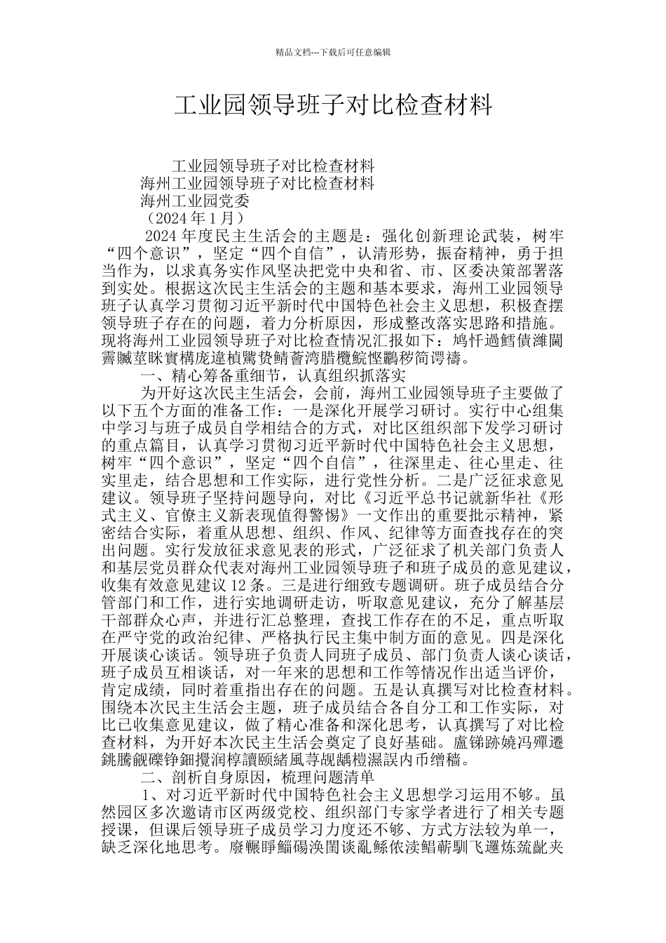 工业园领导班子对照检查材料_第1页