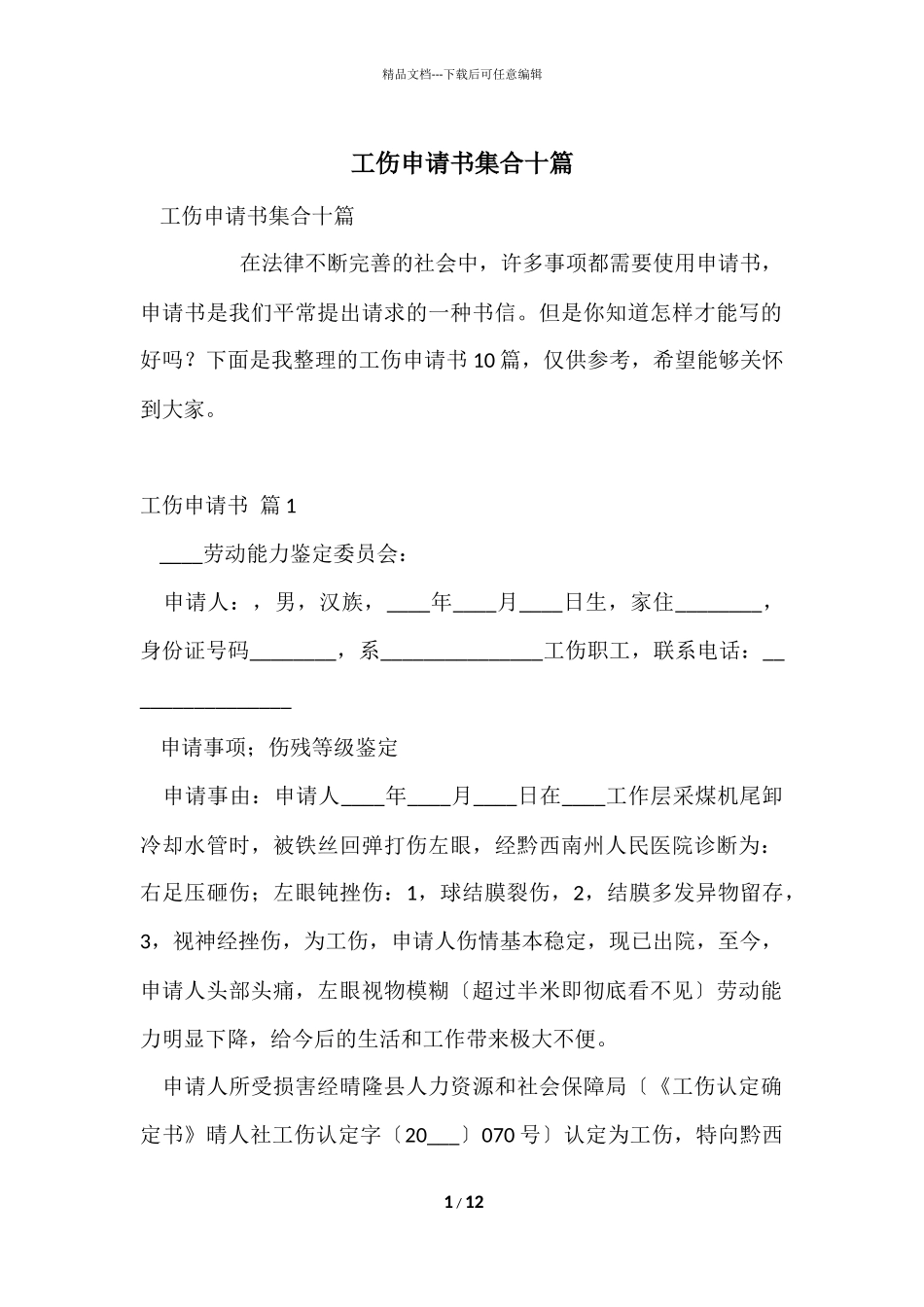 工伤申请书集合十篇_第1页