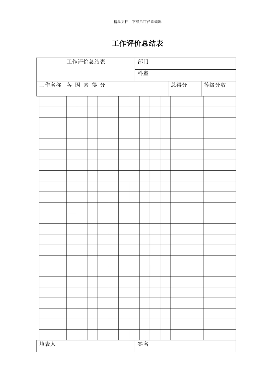 工作评价总结表模板_第1页