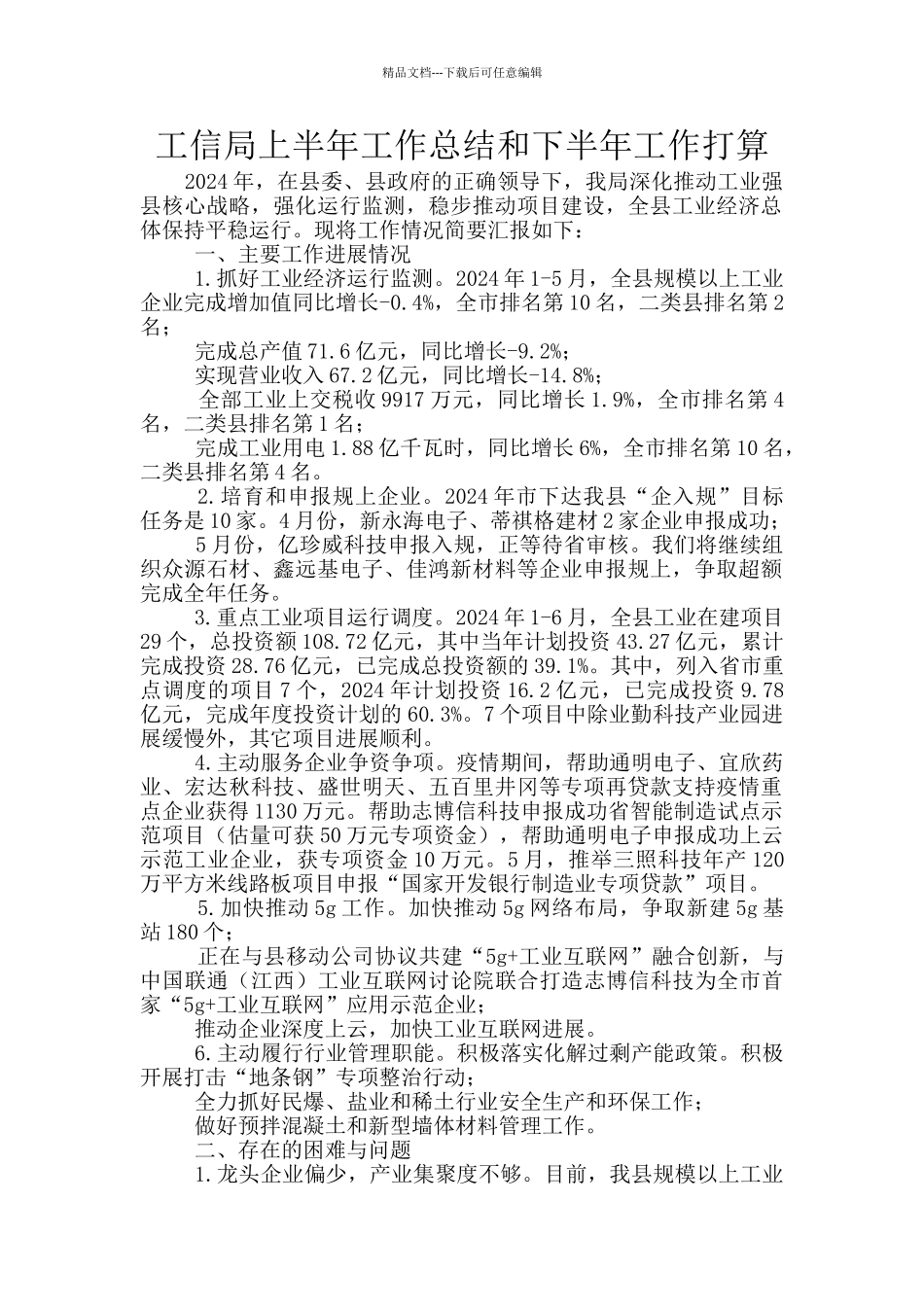 工信局上半年工作总结和下半年工作打算_第1页