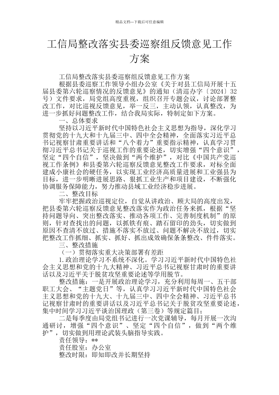 工信局整改落实县委巡察组反馈意见工作方案_第1页