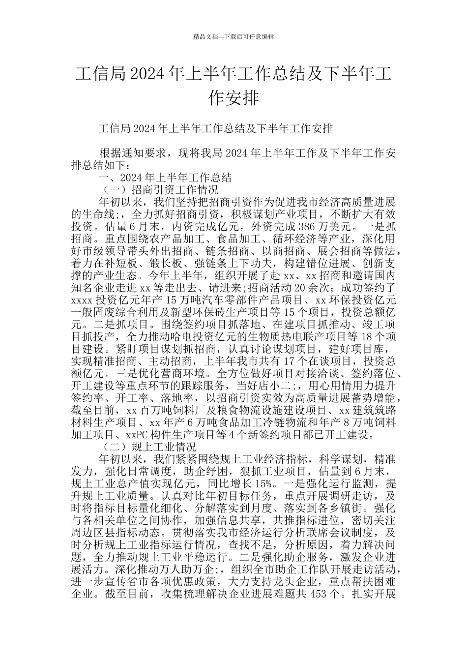 工信局2024年上半年工作总结及下半年工作安排_第1页