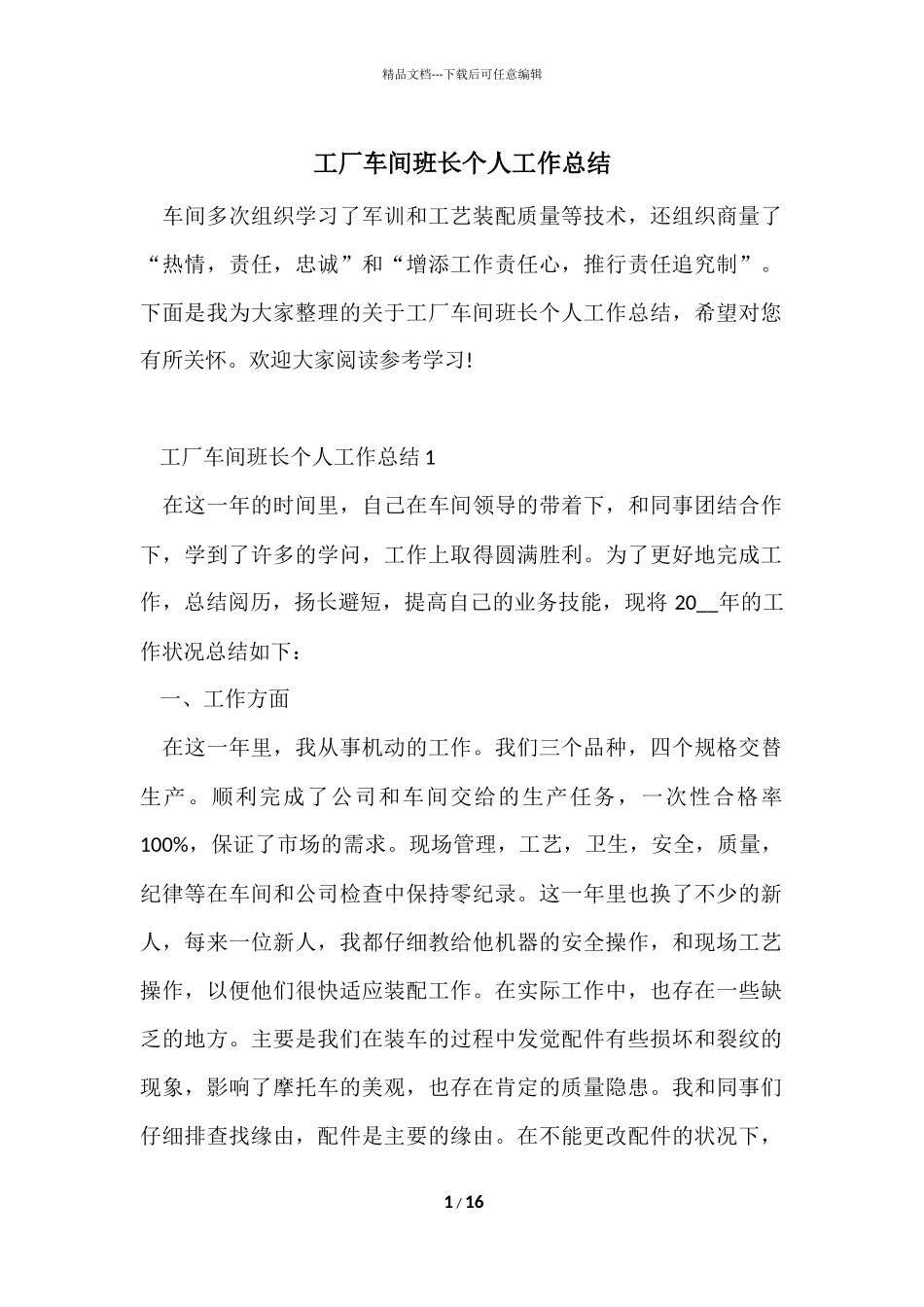 工厂车间班长个人工作总结_第1页