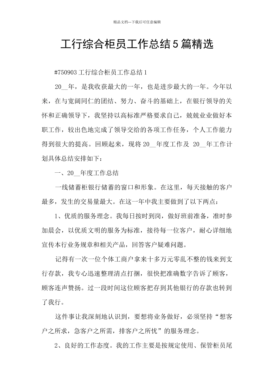 工行综合柜员工作总结5篇精选_第1页