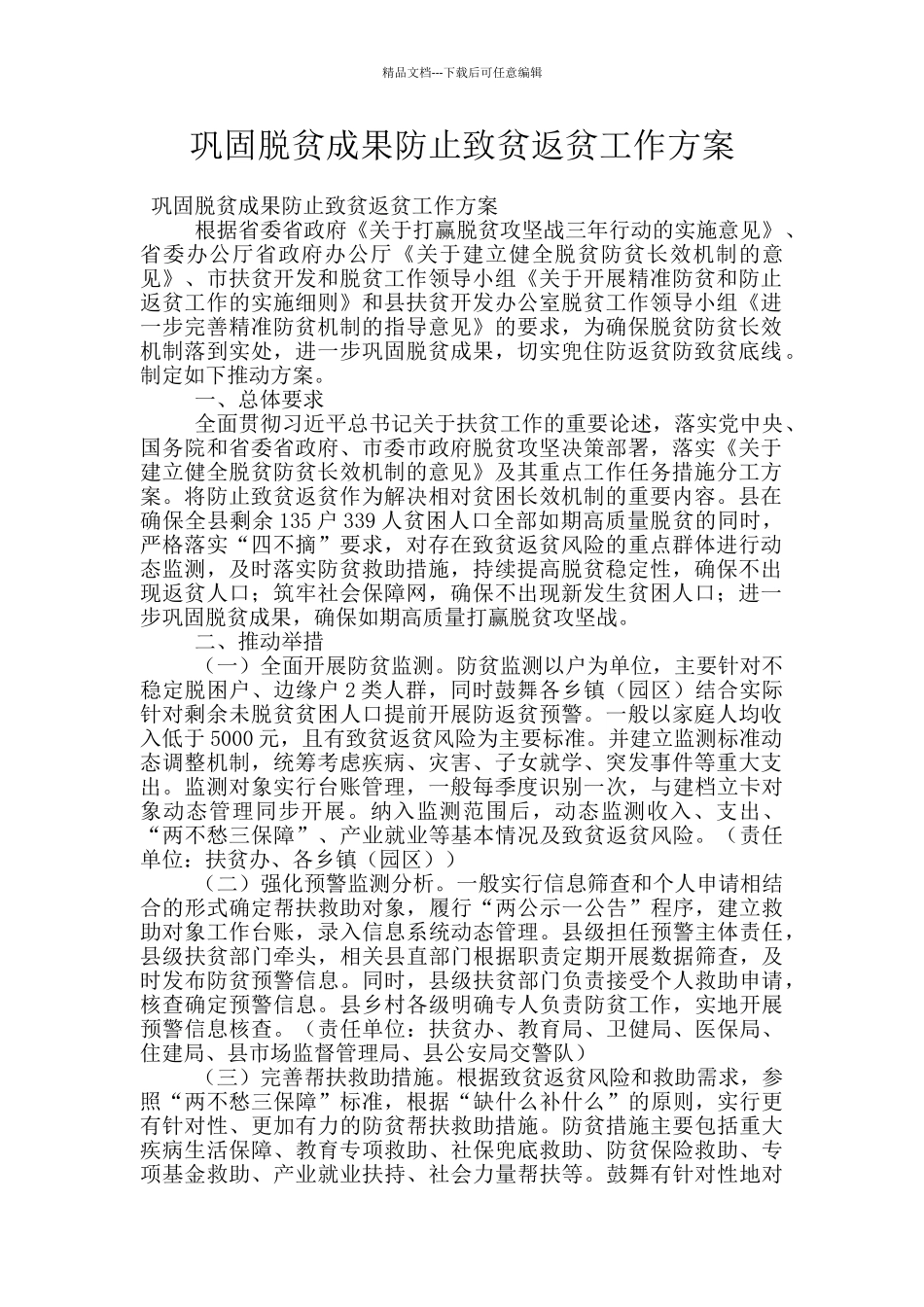 巩固脱贫成果防止致贫返贫工作方案_第1页