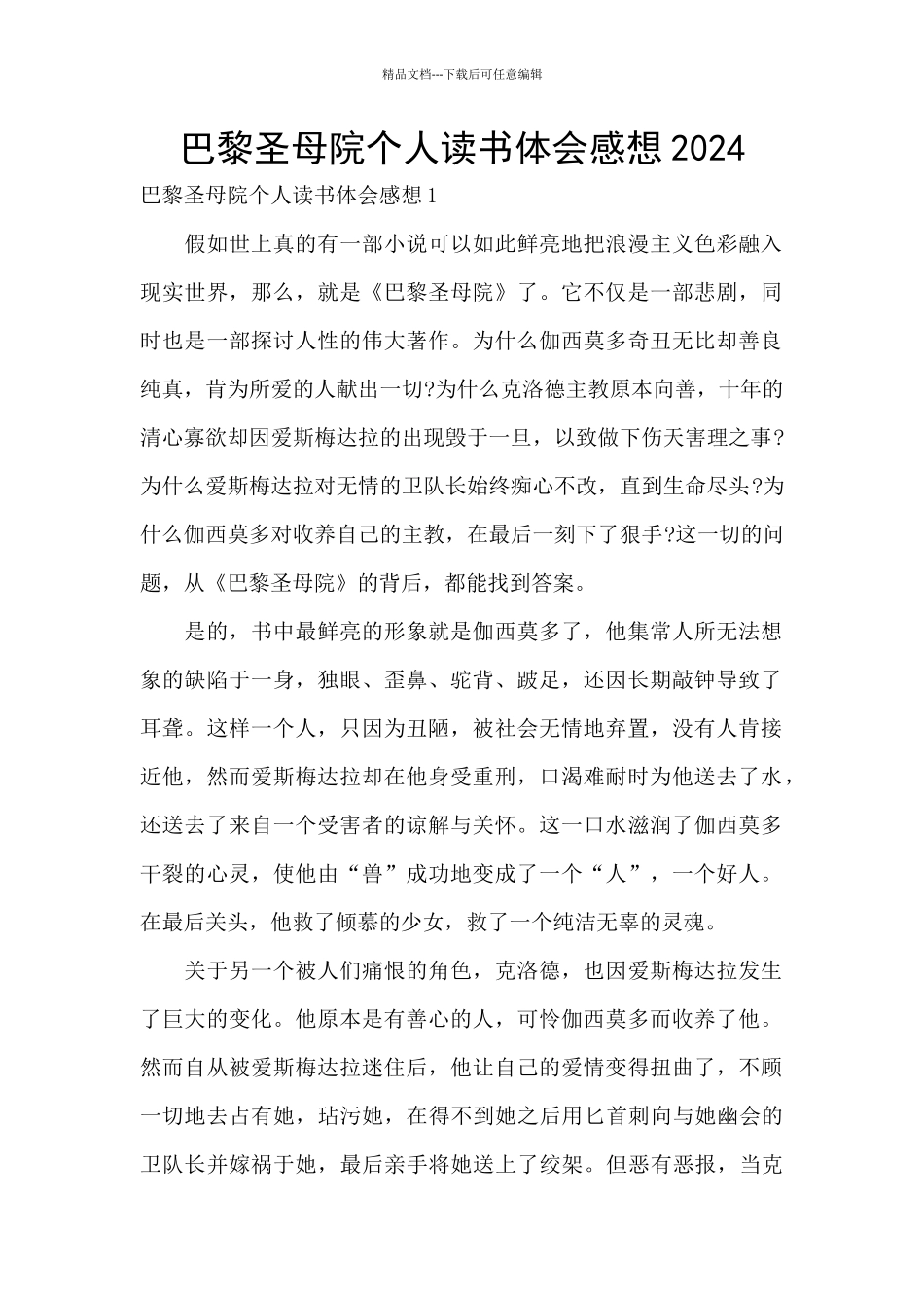 巴黎圣母院个人读书体会感想2024_第1页