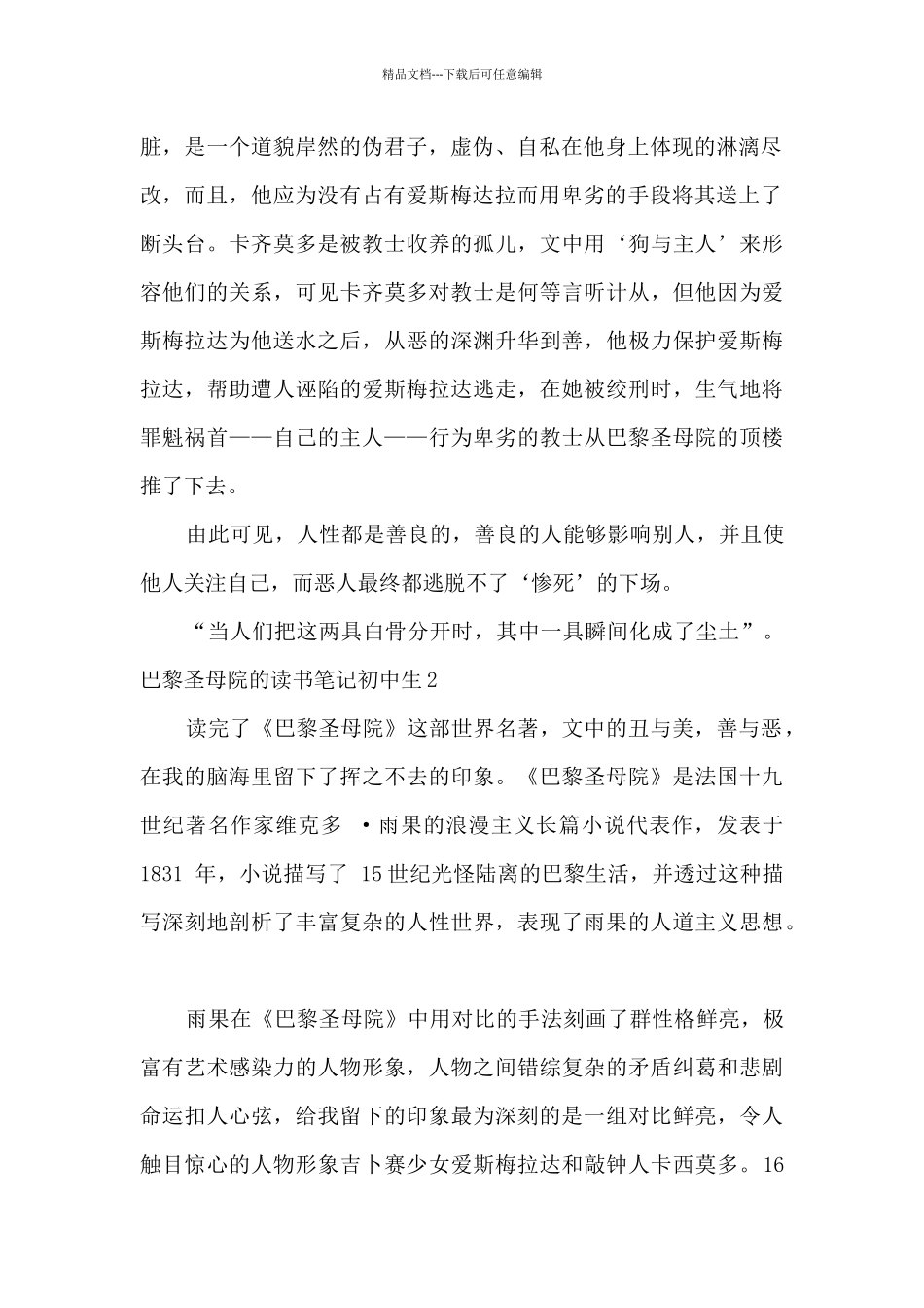 巴黎圣母院的读书笔记初中生_第2页