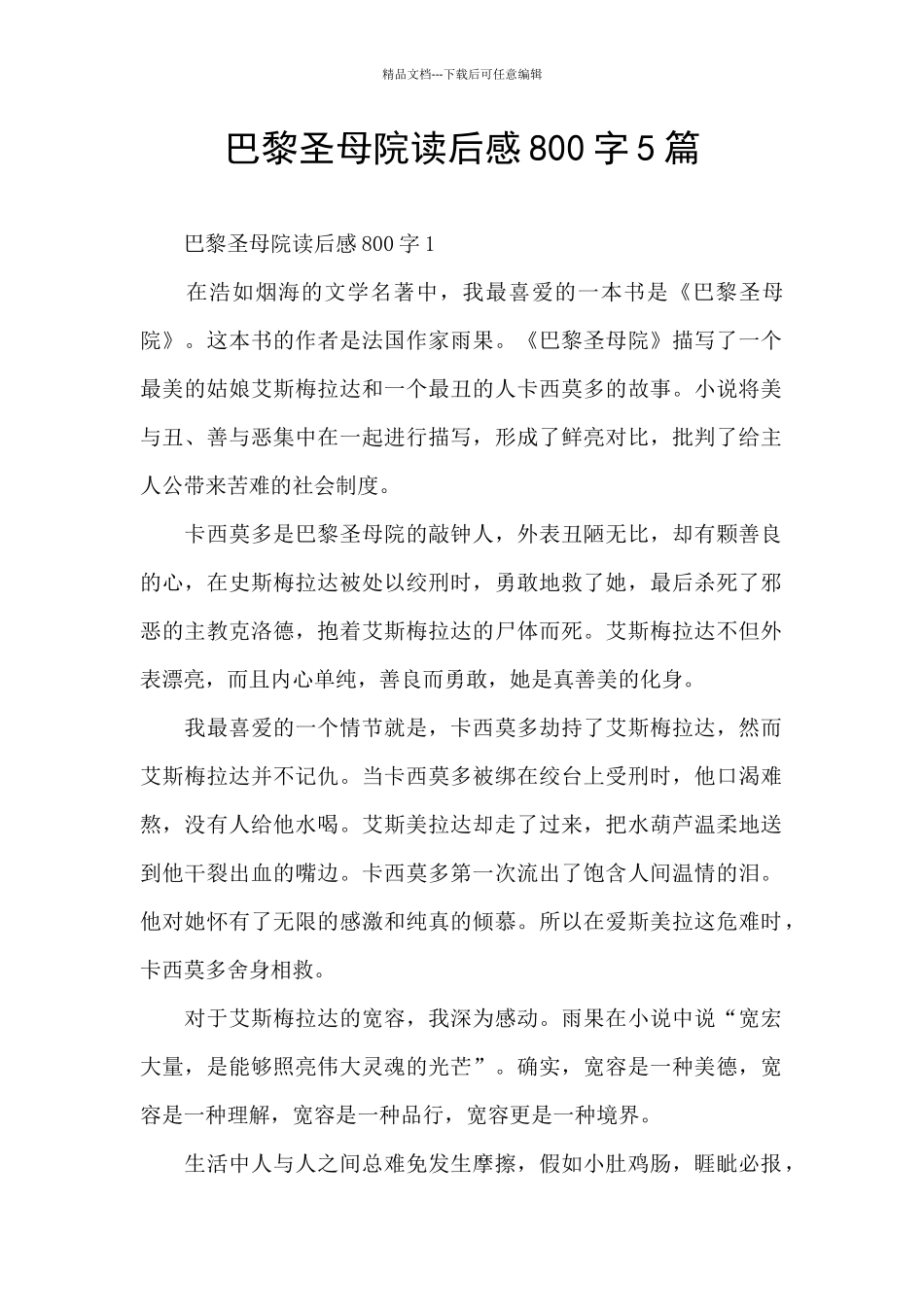 巴黎圣母院读后感800字5篇_第1页