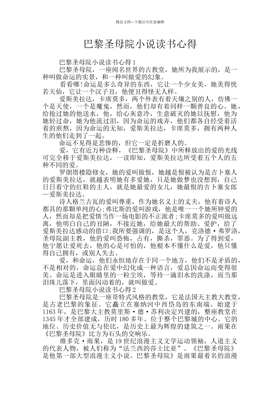 巴黎圣母院小说读书心得_第1页