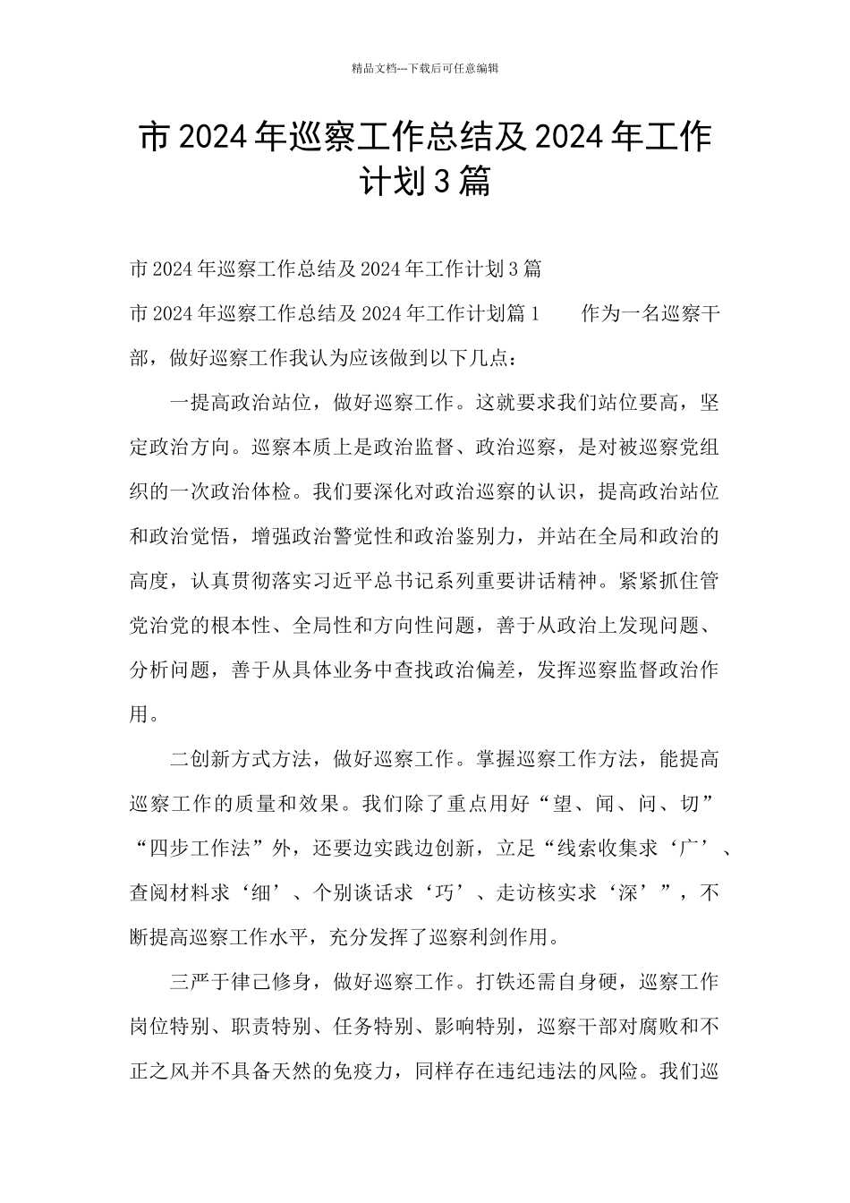 市2024年巡察工作总结及2024年工作计划3篇_第1页