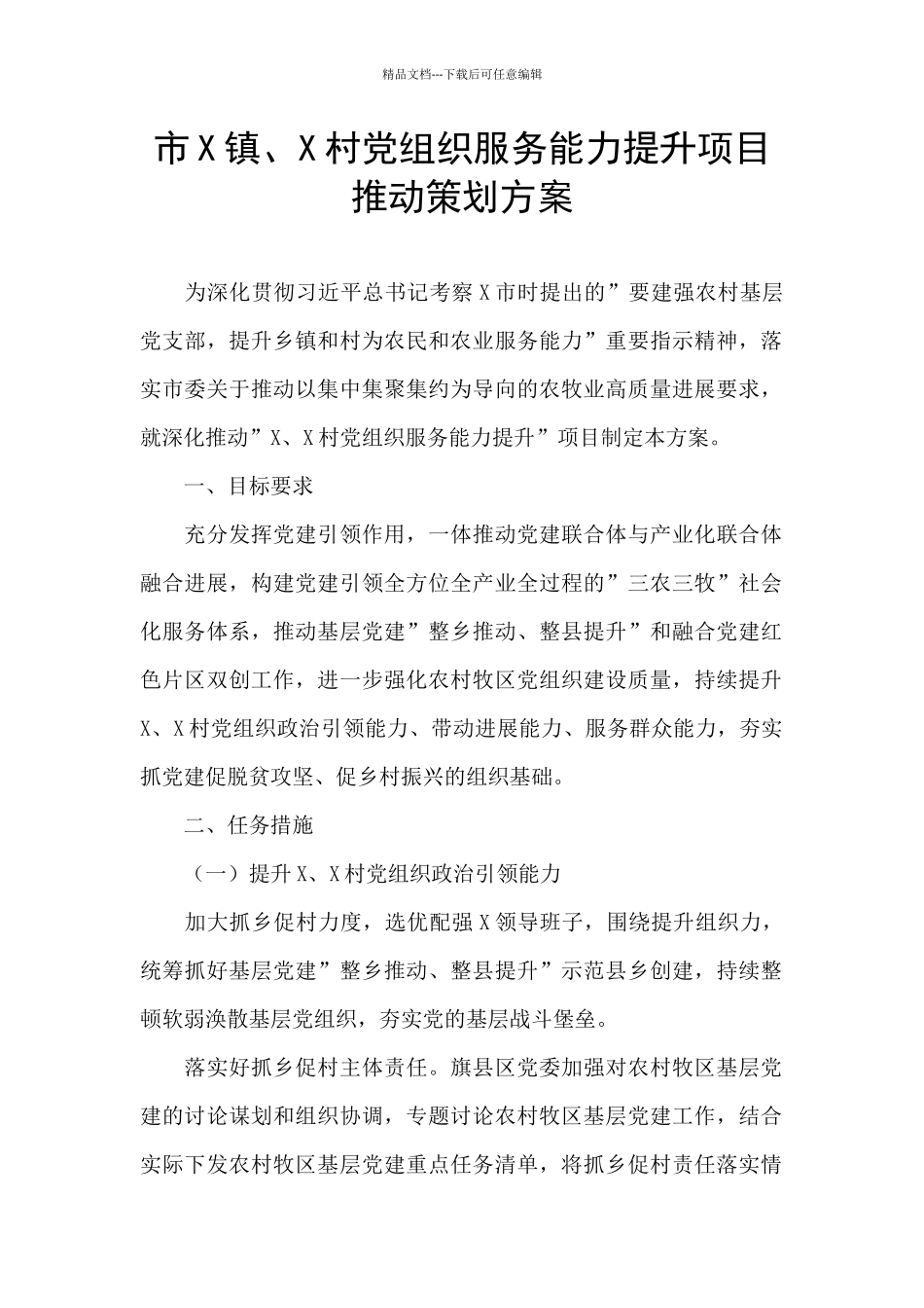 市X镇、X村党组织服务能力提升项目推进策划方案_第1页