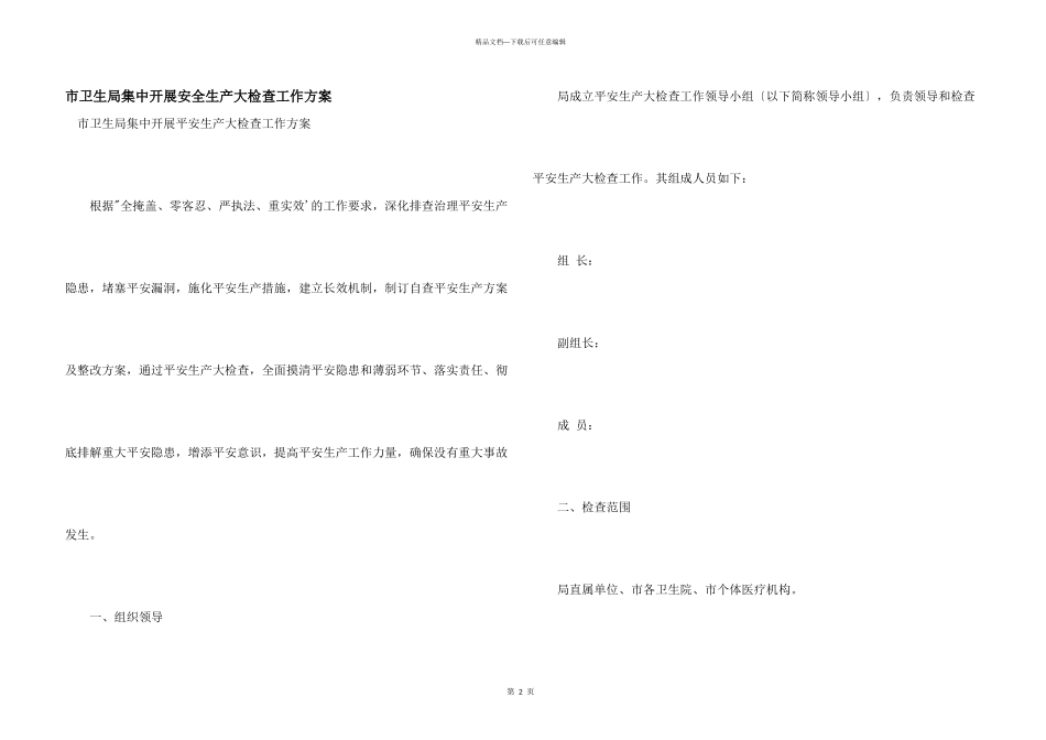 市卫生局集中开展安全生产大检查工作方案_第1页