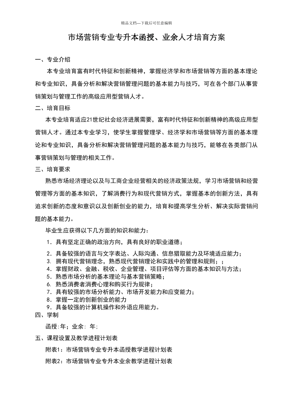 市场营销专业专升本函授、业余人才培养方案_第1页