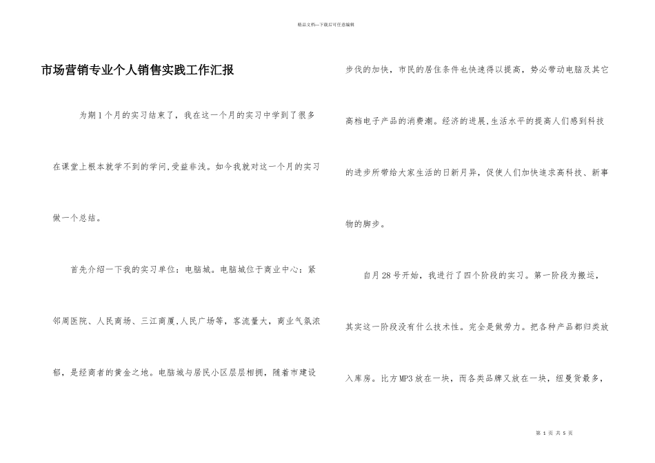 市场营销专业个人销售实践工作汇报_第1页