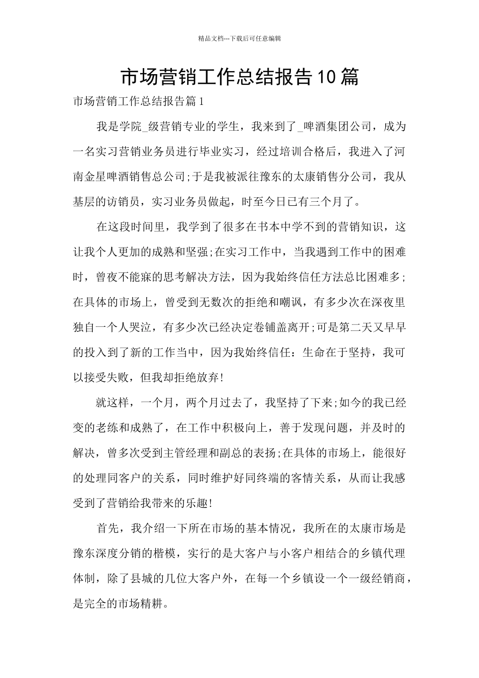 市场营销工作总结报告10篇_第1页