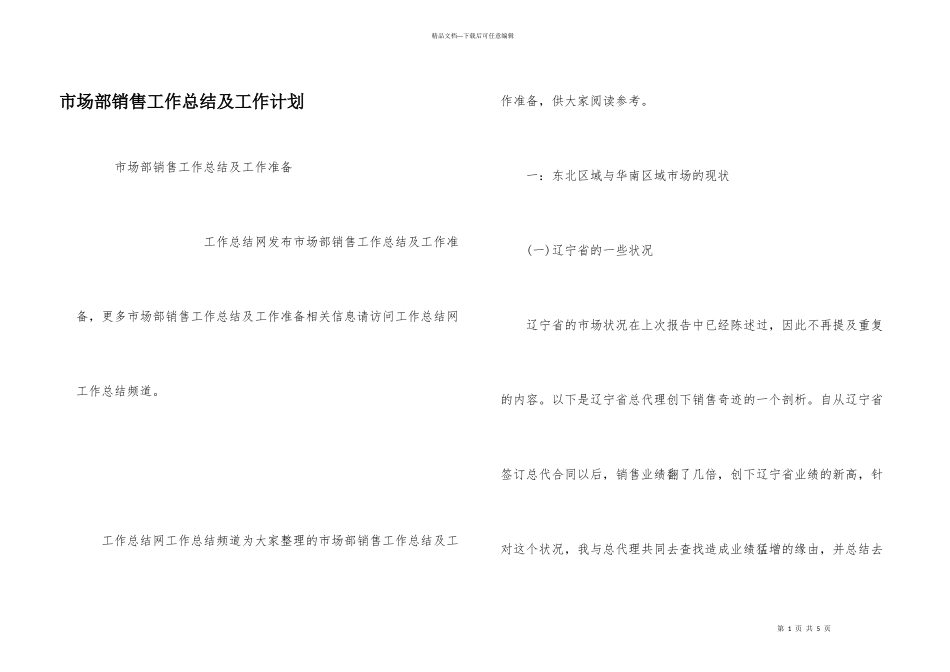市场部销售工作总结及工作计划_第1页