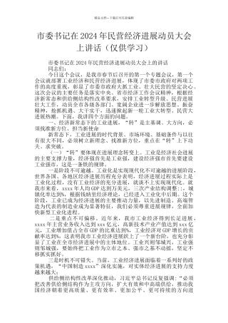 市委书记在2024年民营经济发展动员大会上讲话