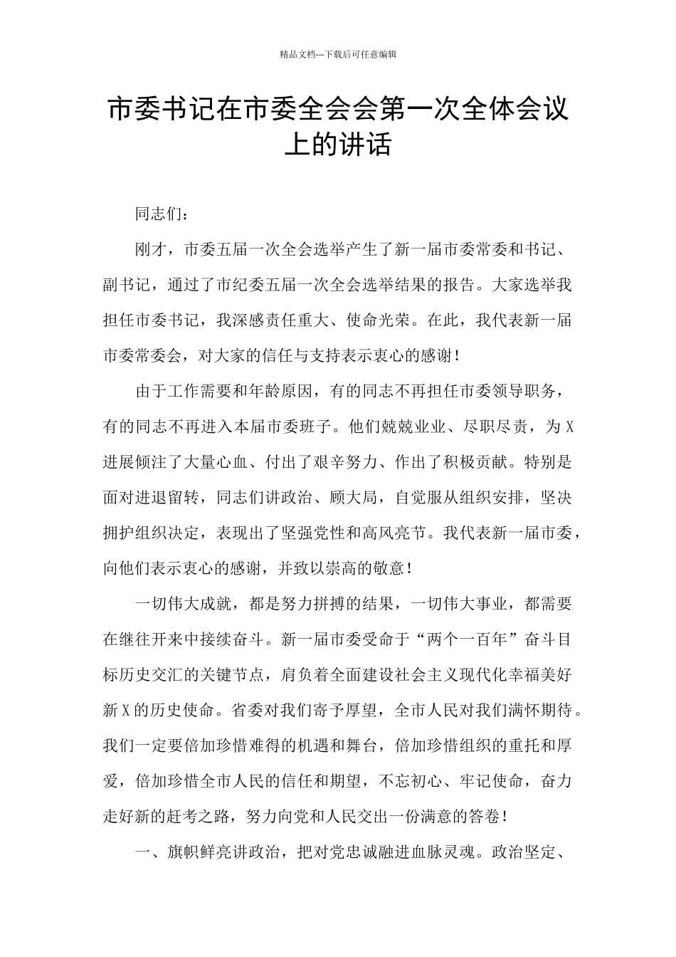 市委书记在市委全会会第一次全体会议上的讲话_第1页