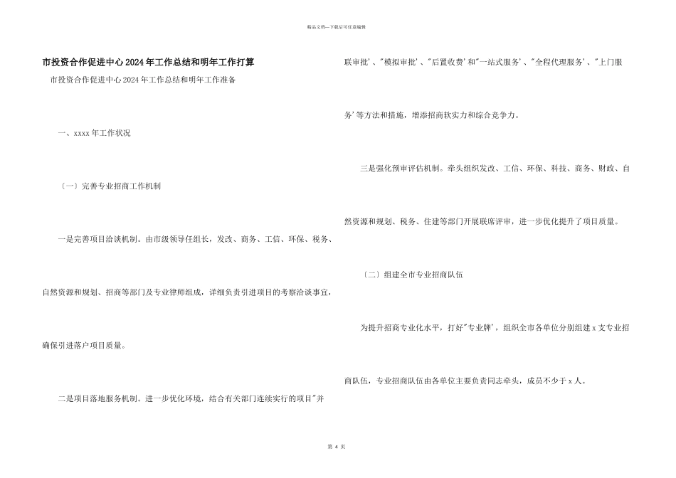 市投资合作促进中心2024年工作总结和明年工作打算_第1页