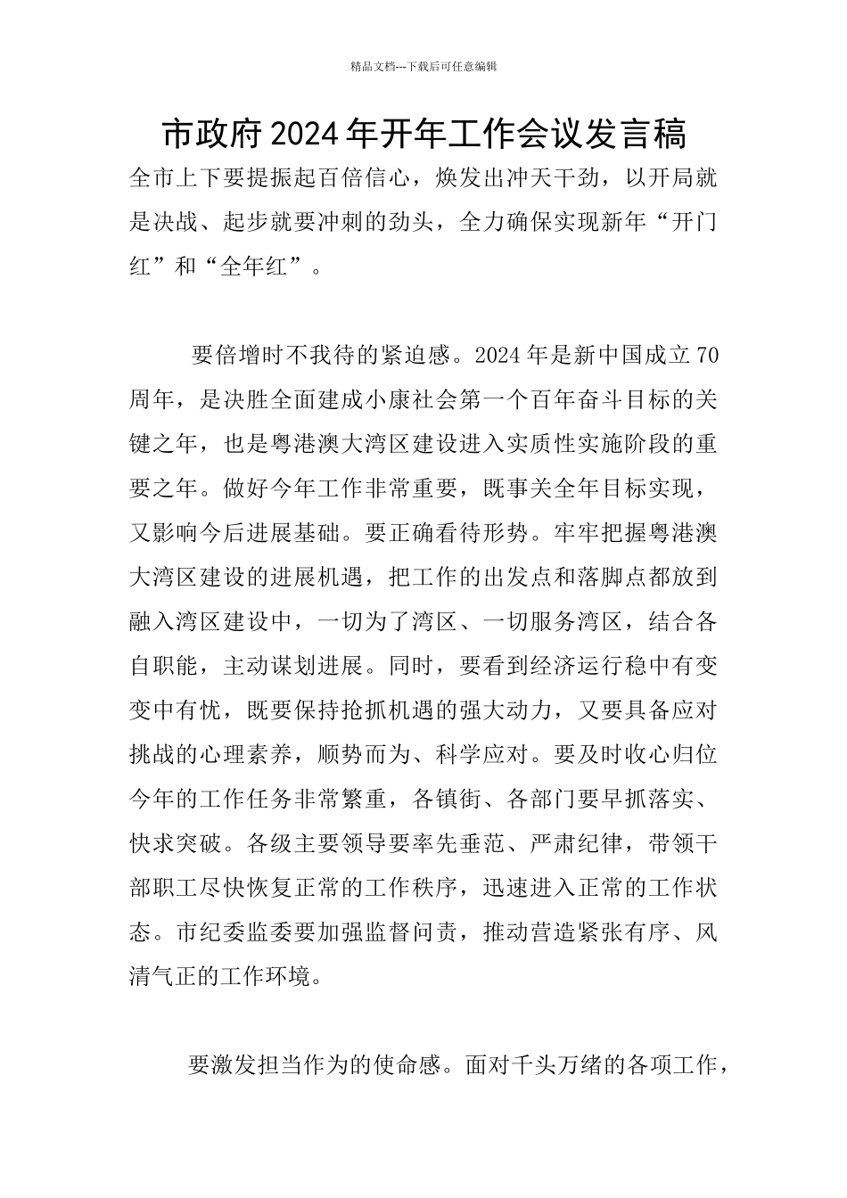 市政府2024年开年工作会议发言稿_第1页