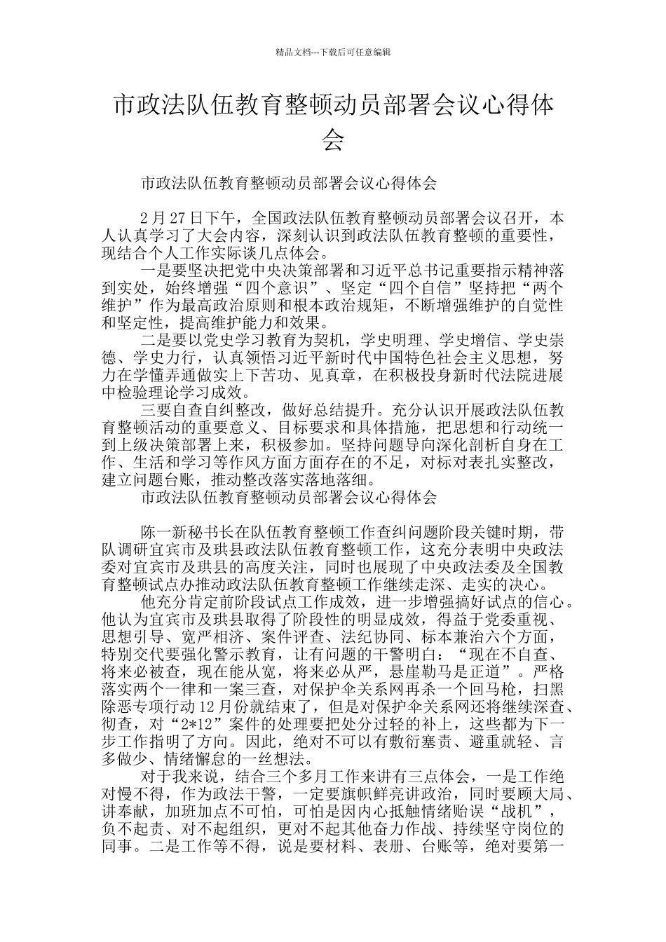 市政法队伍教育整顿动员部署会议心得体会_第1页