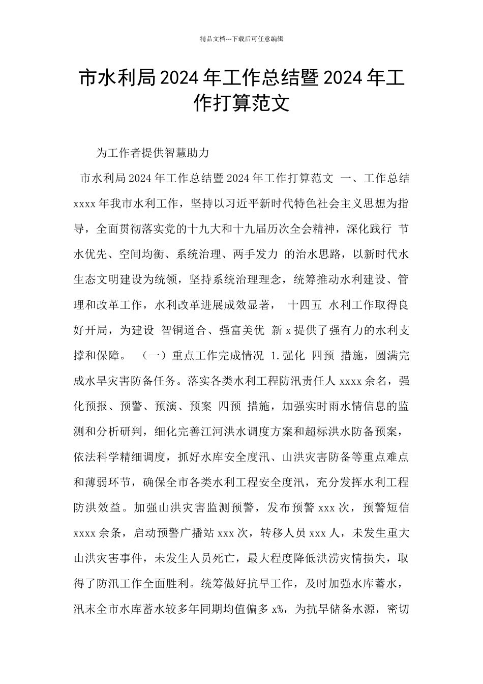 市水利局2024年工作总结暨2024年工作打算范文_第1页