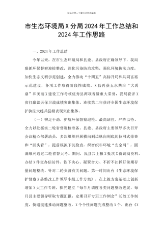 市生态环境局X分局2024年工作总结和2024年工作思路
