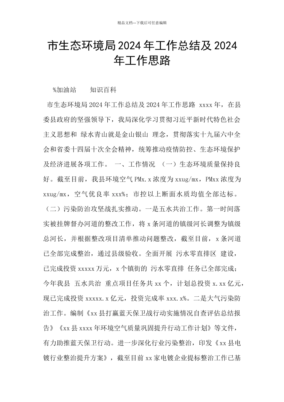 市生态环境局2024年工作总结及2024年工作思路_第1页
