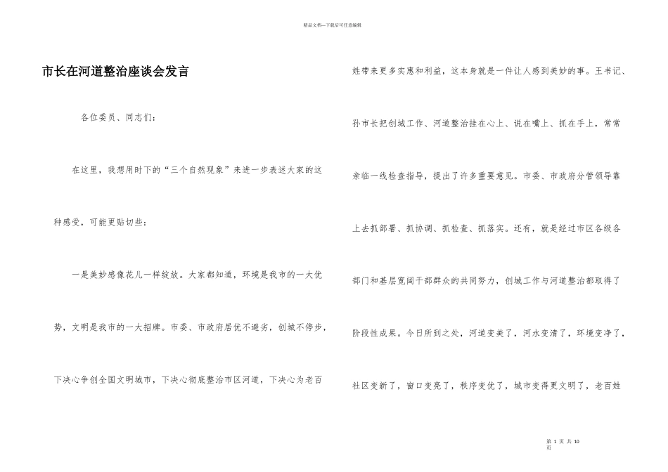 市长在河道整治座谈会发言_第1页